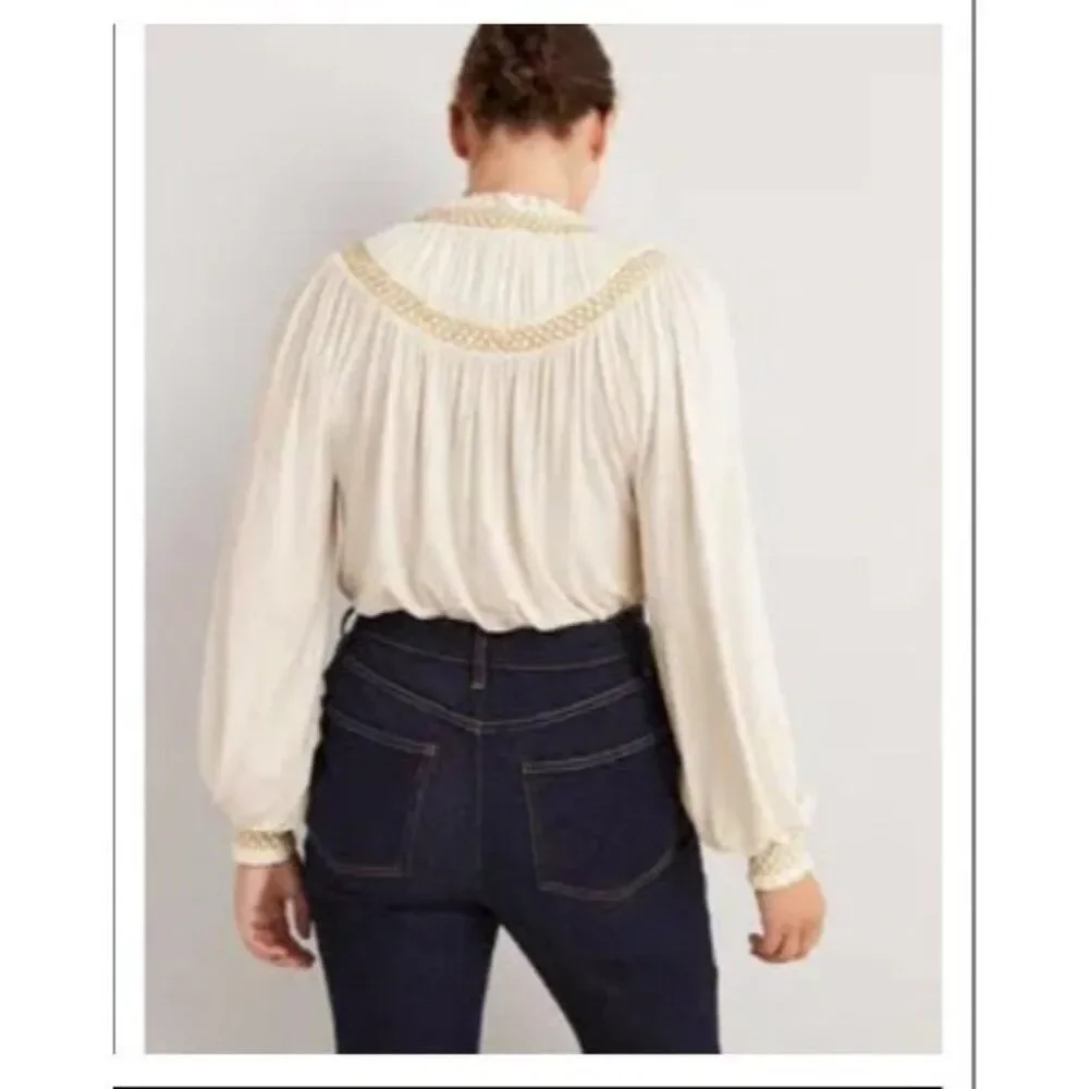 Boden Womens Shirt Top Ivory Gold UK 10 US 6 Smocked Yoke Metallic T1069 NWT
